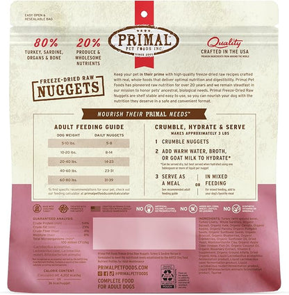 Primal Freeze Dried Raw Dog Food Nuggets, Turkey & Sardine, Complete & Balanced Meal, Also Use as Topper or Treat, Premium, Healthy, Grain Free, High Protein Raw Dog Food, 14 oz (Pack of 4)