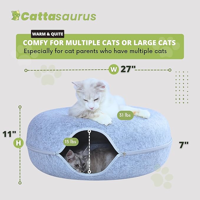 CATTASAURUS Peekaboo Cat Cave for Multiple & Large Cats Up to 30-45 Lbs, Scratch Detachable & Washable Tunnel Bed, Comfy Donut Cat Cave (Light Gray, Jumbo)