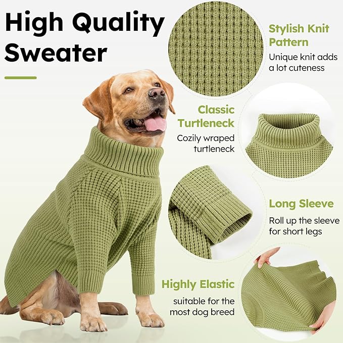 Queenmore Waffle Knit Dog Sweater, Long Sleeve Dog Fall Sweater, Turtleneck Puppy Sweaters, Puppy Sweaters for Cats, Green XS
