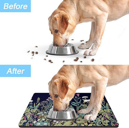 Rnivvi Dog Food Mat, 12" x 19" Flower Absorbent Dog Cat Bowl Mat for Food and Water, Cute Anti-Slip Rubber Pet Feeding Rug Protect Floors, Puppy Placemat for Feeding & Watering Supplies,Black Floral