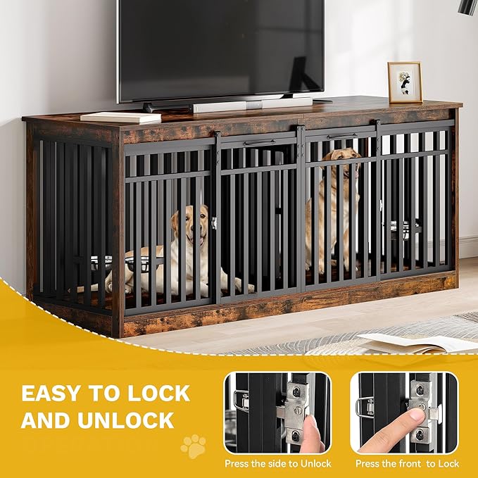 DWVO 71" Double Dog Crate Furniture for 2 Medium Dogs, Heavy Duty Wood Dual Dog Kennel TV Stand with Sliding Doors, Decorative Wooden 2 Dog Cage Table with Dog Bowls for Extra Large Dogs Rustic Brown