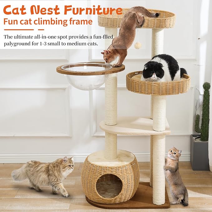 Big Cat Tree for Large Cats - Multi-Cat Tower with Natural Sisal & Handwoven Basket, Extra Sturdy Base, Breathable Perch - Rustic Wood Style Cat Furniture for Indoor Cats