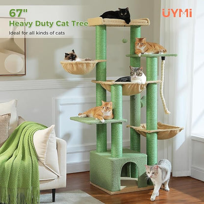 XXL Cactus Cat Tree, 67" Heavy Duty Cat Tower for Indoor Cats Large Adult with 13 Thick Scratching Posts (φ4.3), Large Perch, Spacious Condo & Big Hammock - for Maine Coon up to 20 lbs, Green