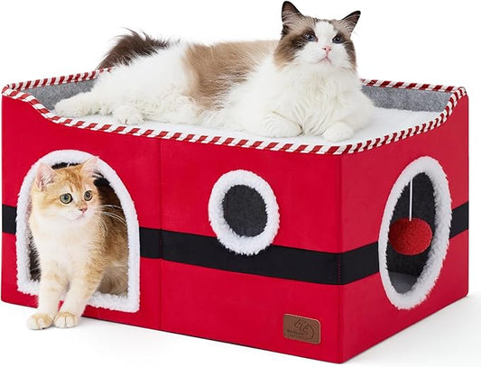 Bedsure Large Cat Beds for Indoor Cats - Extra Wide Cat Cube House for Small Pet with Fluffy Ball Hanging and Scratch Pad, Foldable Pet Cave Hideaway for Multiple Cats, 23.6x16.9x13 inches,Red