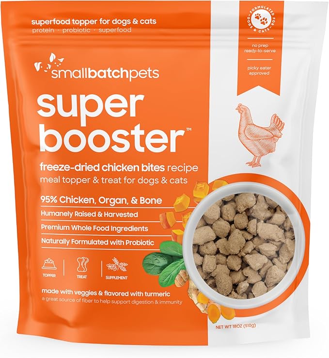 Smallbatch Freeze Dried Dog Treats, Superfood Food Topper Chicken Bites for Dogs & Cats, Probiotics, Organic Ingredients, High Protein, Grain Free Healthy Treat Food Topper, Made in the USA, 18 oz Bag