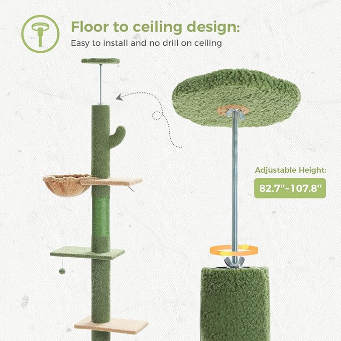 PETEPELA Floor to Ceiling Cat Tree[83"-108"], Cat Tower 5 Levels, Height Adjustable, Cat Scratching Post with Top Perches and Spacious Condo for Large Indoor Cats, Cactus Green