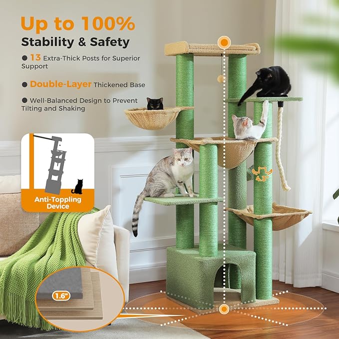 XXL Cactus Cat Tree, 67" Heavy Duty Cat Tower for Indoor Cats Large Adult with 13 Thick Scratching Posts (φ4.3), Large Perch, Spacious Condo & Big Hammock - for Maine Coon up to 20 lbs, Green