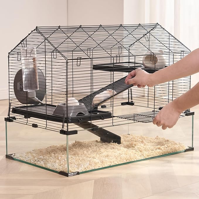 VEVOR Hamster Cage, 360° Viewing Transparent Hamster Habitats, Small Animal Cage, 29.5 x 17.3 x 24 in, Ventilated Pet Mouse Cages with Water Bottle, Portable Hamster House for Rats, Guinea Pigs