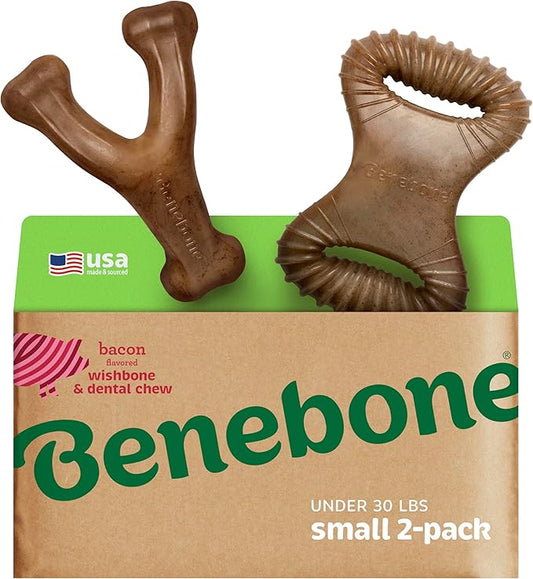 Benebone 2 Count (Pack of 1) Wishbone/Dental Durable Dog Chew Toys, Real Bacon, Made in USA, Small