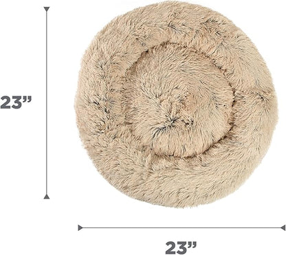 Best Friends by Sheri Original Calming Donut Dog and Cat Bed, Shag Faux Fur, Taupe, (23in x 23in) - Anxiety Relief for Pets Up to 25 lbs