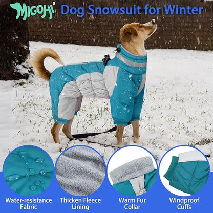 MIGOHI Full Body Dog Coat - Warm Reflective Winter Coat with Harness, Turtleneck Fleece Jacket for Small to Large Dogs - Four-Legged Snowsuit with Zipper