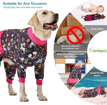 LovinPet Large Breed Dog Pajamas, Wound Care/Post Surgery Recovery Shirt for Large Dogs, Unicorn and Rainbow Black Print, Stop Shedding for Dogs, Pitbull Clothes, Bodysuit Dog Jammies, 3XL