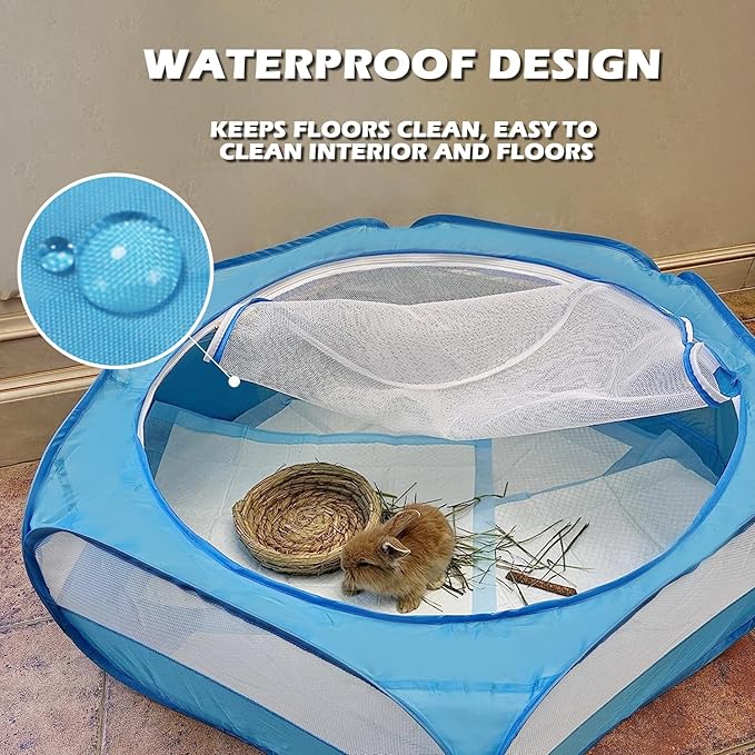 UWE Small Animal Playpen, Chicken Brooder Box with Cover Top, Portable Outdoor Exercise Pet Cage Tent, Waterproof Breathable Pet playpen Indoor for Chick Ktiien Bunny Hamster Guinea Pig, Blue