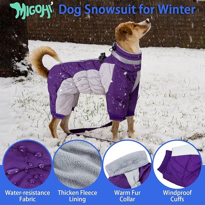 MIGOHI Full Body Dog Coat - Warm Reflective Winter Coat with Harness, Turtleneck Fleece Jacket for Small to Large Dogs - Four-Legged Snowsuit with Zipper