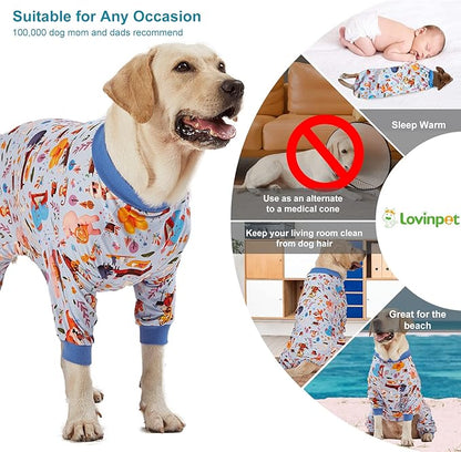 LovinPet Pajamas for Big Dogs, Pet Anxiety Relief, Sun Protection Dog Pajamas, Lightweight Stretchy Knit Fabric, Woodland Musicians Print, PJ's for Dogs, Stop Shedding for Dogs, Pet PJ's, 3XL
