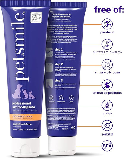 Petsmile Professional Pet Toothpaste for Cats & Dogs - Only VOHC Accepted Toothpaste - Clinically Proven to Control Plaque & Tartar Calprox Formula (Say Cheese, 4.2 Oz)