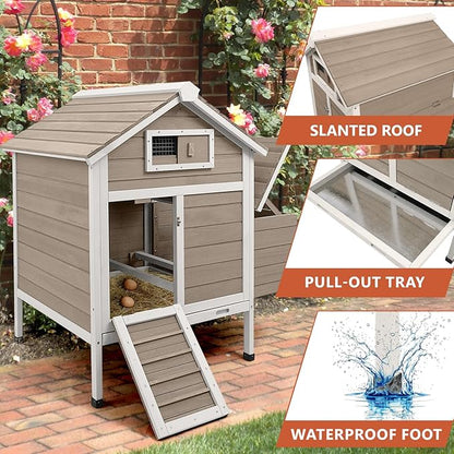 Large Chicken House Outdoor with 2 Nesting Box, Small Wood Chicken Coop Hen House with Removable Trays, Ramp, Outdoor Indoor Rabbit Hutch Poultry Cage (32" L x 23.6" W x 36.6" H)