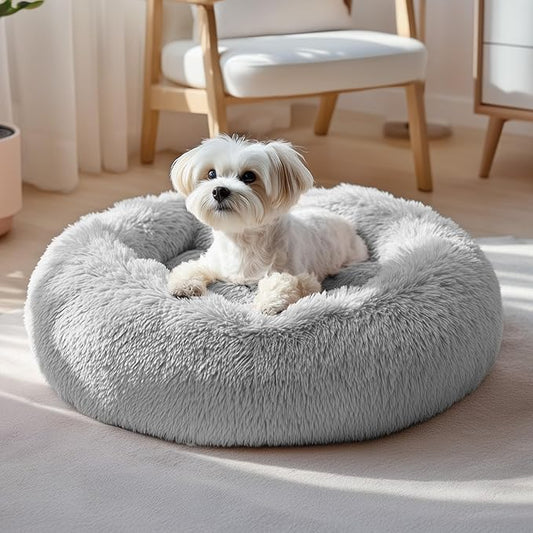 Deconovo Calming Donut Dog Bed, Washable Plush Round Pet Bed for Small Dogs & Cats with Raised Rim, Non-Slip Base and Soft Faux Fur—Lightweight, Easy-Care Design Light Grey 25" L x 25" W x 8" Th