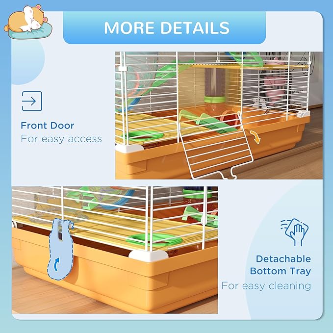 PawHut 18" 5 Tier Hamster Cage with Tubes and Tunnels, Small Animal Cage with Portable Carry Handle, Gerbil Cage with Water Bottle, Food Dish, Exercise Wheel, Orange