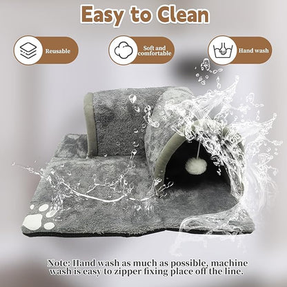 PINVNBY Guinea Pig Hideout Tunnel with Removable Base & 2 Liners and Washable Soft Rabbit Bed & Small Animal Tunnel Tube Cage Accessories for Chinchillas, Hamsters, Ferrets, Bunny（Grey）