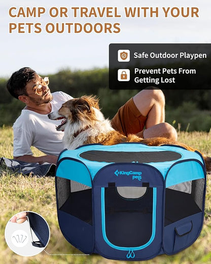 KingCamp Dog Playpen, Portable Foldable Cat Kitten Puppy Tent Crates 29"/36"/50" Pop Up Pet Playpen with Zippered Bottom & Cover for Indoor Outdoor Use (Medium, Blue)