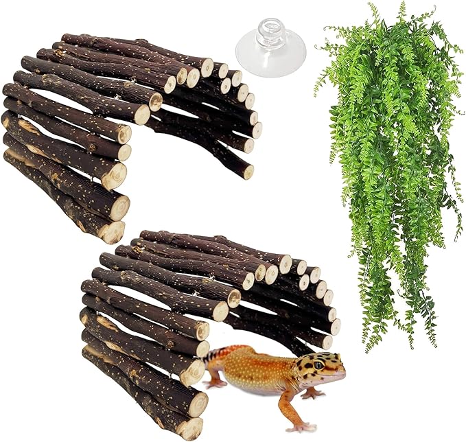 Hamiledyi 3pcs Wooden Reptile Hide Leopard Gecko Wood Hideout Bendable Climbing Tunnel Turtle Hut Snake Hiding Cave for Tortoise Lizard Frog Small Animals (11.8" x 5.9")
