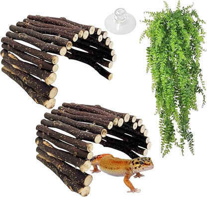 Hamiledyi 3pcs Wooden Reptile Hide Leopard Gecko Wood Hideout Bendable Climbing Tunnel Turtle Hut Snake Hiding Cave for Tortoise Lizard Frog Small Animals (11.8" x 5.9")