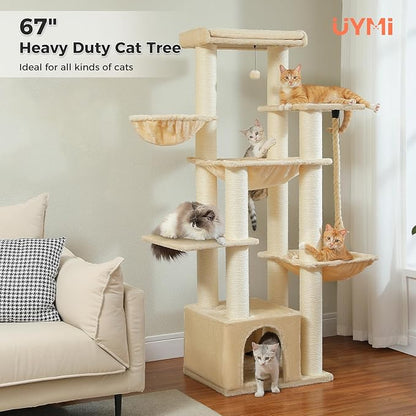 67" Heavy Duty Cat Tree for Indoor Cats Large Adult, XXL Cat Tower with 13 Thick Scratching Posts (φ4.3), Large Perch, Spacious Condo & Big Hammock - for Maine Coon up to 20 lbs, Beige