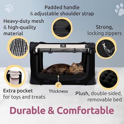Large Cat Carrier & Dog Carrier for 2 Cats or Medium Dog. Soft Sided Pet Carrier for Travel. Collapsible, Portable with Soft Bed, Top & Side Loading, Locking Zippers, Puppy Crate & Kennel