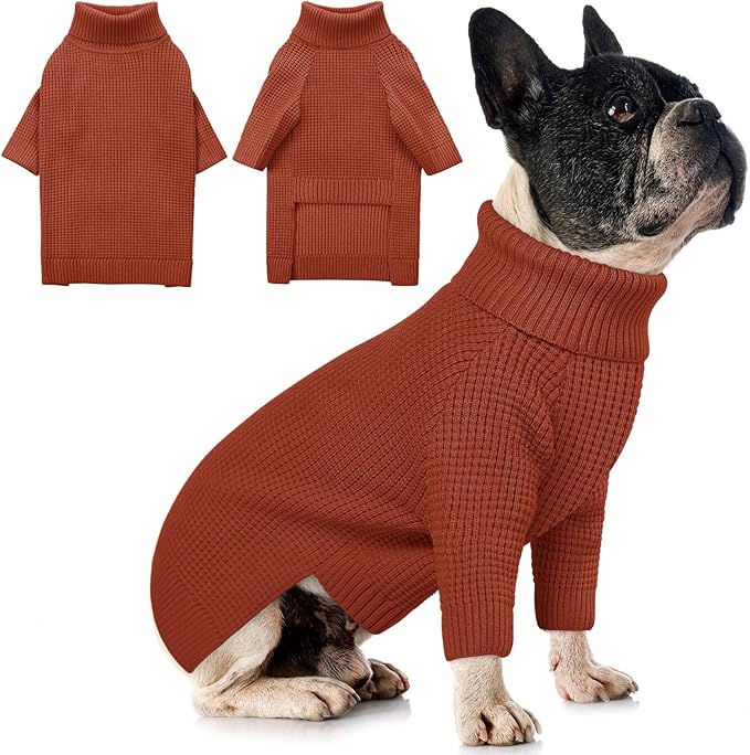 Queenmore Dog Sweaters for Small Dogs Male, Turtleneck Fall Pet Sweaters, Waffle KnitSweater for Doggie, Cat Sweater Puppy Coat, Saddle Brown XS
