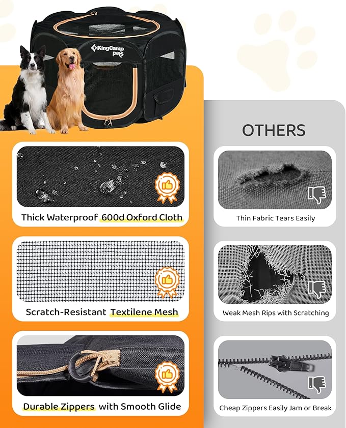 KingCamp Dog Playpen, Portable Foldable Cat Kitten Puppy Tent Crates 29"/36"/50" Pop Up Pet Playpen with Zippered Bottom & Cover for Indoor Outdoor Use (X-Large, Black)
