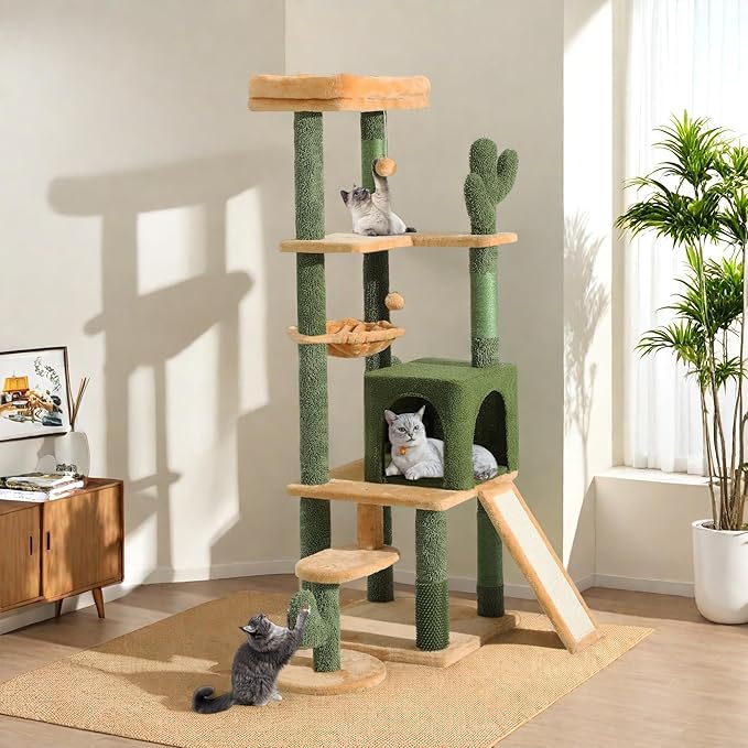YITAHOME 60in Cactus Cat Tree: Multi-Level Tall Kitty Tower Indoor, Large Kitten Condo with Plush Platform, Hammock, Scratching Posts, and Dangling Balls for 2-3 Cats