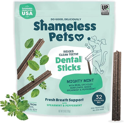 Shameless Pets Dental Chews for Dogs, Mighty Mint Dental Sticks, Healthy Treats for Teeth Cleaning & Fresh Breath - Free from Grain, Corn, & Soy for Small Dogs, 32 Sticks