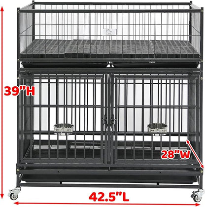 Homey Pet 43 Inch Metal Wire Dog Whelping Box for Puppies + Stackable Heavy Duty Dog Crate Cage Kennel with Wheels, Divider, Plastic Floor Grid and Tray for Medium/Small Sized Dogs