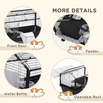 PawHut Small Animal Cage with Foldable Run Area, Rolling Bunny Cage, Guinea Pig Cage, Hedgehog Cage with Water Bottle, Water Bowl, and Ramps, 35" L