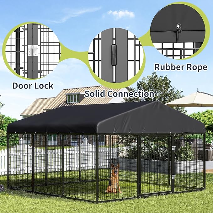 10x10x6 FT Outdoor Dog Kennel Steel Ideal Dog Fence for Medium/Small Dogs Anti-Rust Coating Cage with Roof All Weather Resistant Dog House with Double Locks (118" W x 118" D x 72.5" H)