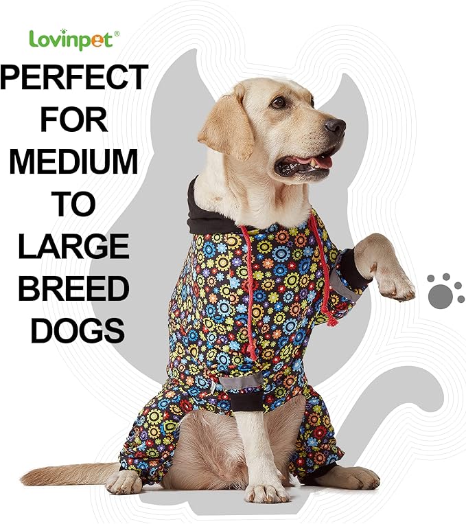 LovinPet Large Big Dog Onesies, Wound Care/Post Surgery Dog Shirt, Stop Shedding for Dogs, Pet Anxiety Relief Pajamas, PJ's for Dogs, Reflective Stripe, Gears and Black Print, Pet PJ's, M