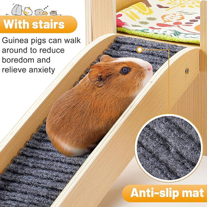 Upgraded Guinea Pig Castle, Sturdy Wooden Guinea Pig Hideout, Small Animal House Bed Hut Habitats with Stairs, Easy to Assemble for Hamsters Bunny Chinchillas Playing Hiding