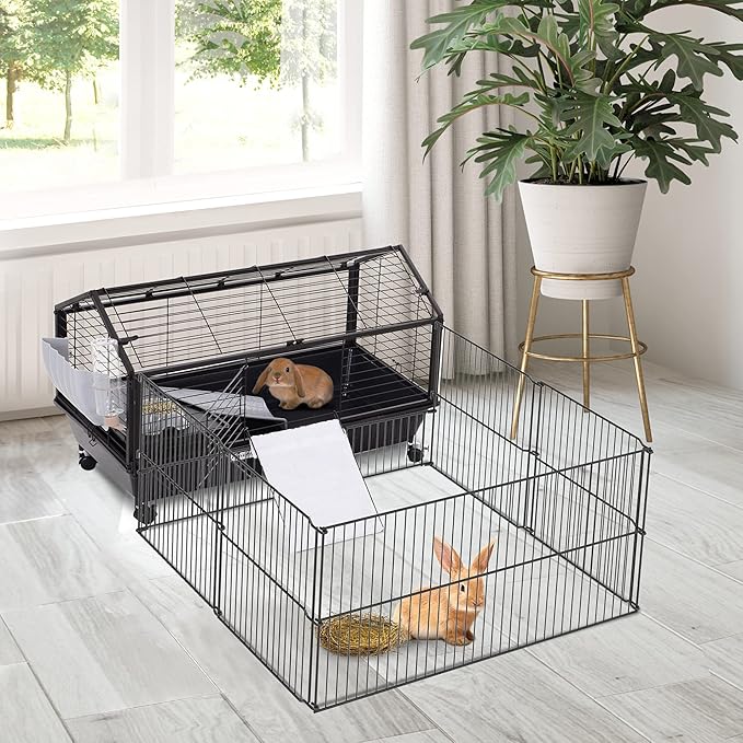 PawHut Small Animal Cage with Foldable Run Area, Rolling Bunny Cage, Guinea Pig Cage, Hedgehog Cage with Water Bottle, Water Bowl, and Ramps, 35" L