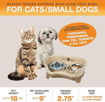 Neater Feeder Express Mess Proof Dog Bowls Elevated for Small Breeds Under 15 Lb, Made in USA, No Spill Raised Dog Food Bowl Stand, Stainless Steel Slow Feed and Standard Water Bowl Set, Cappuccino