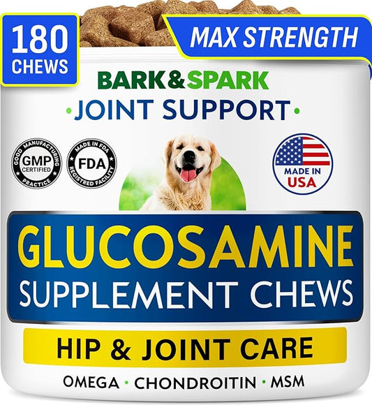 Bark&Spark Glucosamine Chondroitin Dog Hip & Joint Supplement - Joint Pain Relief - Hip & Joint Chews - Joint Support Large Small Breed - Senior Doggie Vitamin Pill Joint Health (180 Treats - Chicken)