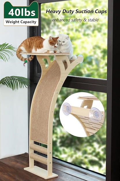 Cat Window Perch with Scratcher Ramp, 48" Climbing Tree Suctions Cups to Window Maximum Hold Up to 45lb, Wood Kitty Bed for Small Window