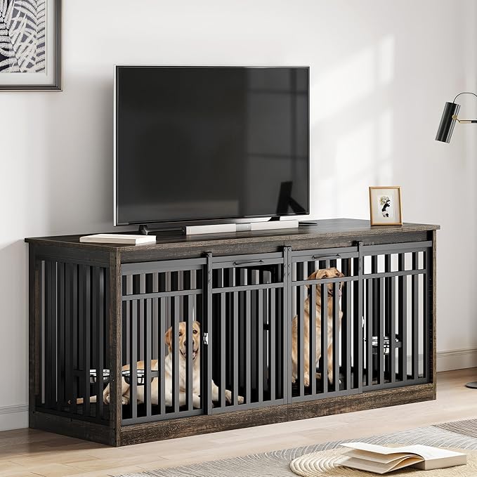 DWVO 71" Double Dog Crate Furniture for 2 Medium Dogs, Heavy Duty Wood Dual Dog Kennel TV Stand with Sliding Doors, Decorative Wooden 2 Dog Cage Table with Dog Bowls for Extra Large Dogs Black Oak