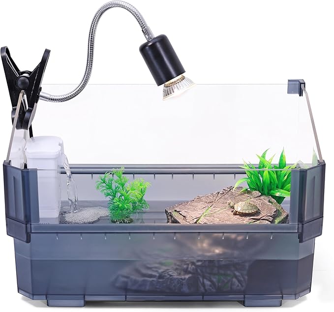 Small Turtle Tank Kit for Aquatic Turtles – Complete Starter Habitat with Filter, UVB Lamp, Basking Platform, Plants – Turtle Aquarium Kit (Black)