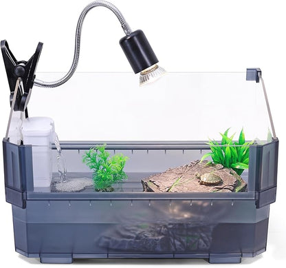 Small Turtle Tank Kit for Aquatic Turtles – Complete Starter Habitat with Filter, UVB Lamp, Basking Platform, Plants – Turtle Aquarium Kit (Black)