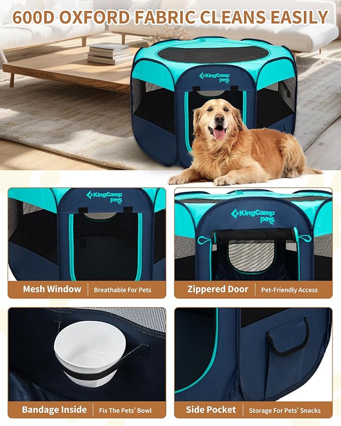 KingCamp Dog Playpen, Portable Foldable Cat Kitten Puppy Tent Crates 29"/36"/50" Pop Up Pet Playpen with Zippered Bottom & Cover for Indoor Outdoor Use (Medium, Green)