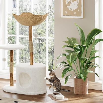 41''Contemporary Natural Wood Cat Tower, Aesthetic Feline Climbing Structure with Spacious Rattan Basket, Scratching Posts, Real Branch Design, White Luxury Perch for Rest and Play