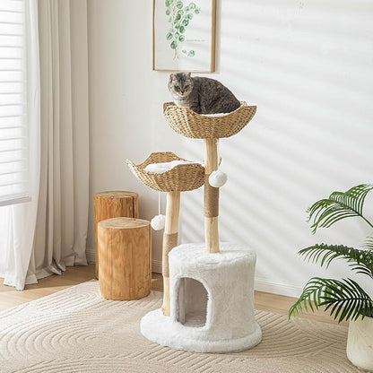 Vannokor Modern Cat Tree, Cat Tree Tower with Sisal Scratching Post, Boho Cat Condo for Indoor Cats, 46''H, White