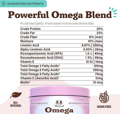 Natural Dog Company Omega Chews for Dogs Skin & Coat Support with Salmon Oil & Omega-3 Fatty Acids, Helps Itchy Skin, Dryness, Shedding, Supports Joints, Heart,Immune System & Overall Health (180 cnt)
