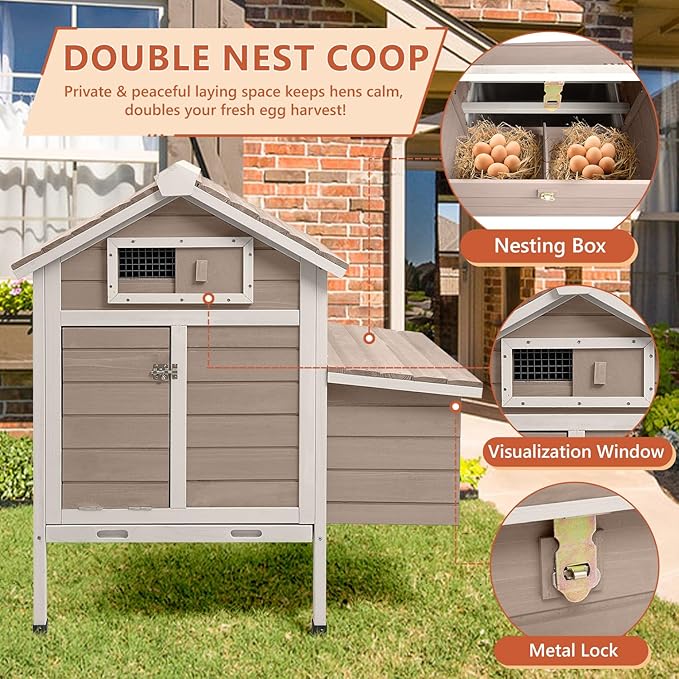Large Chicken House Outdoor with 2 Nesting Box, Small Wood Chicken Coop Hen House with Removable Trays, Ramp, Outdoor Indoor Rabbit Hutch Poultry Cage (32" L x 23.6" W x 36.6" H)